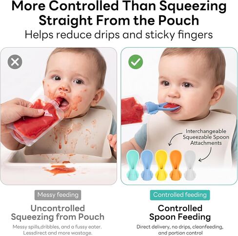 Baby Food Pouch Spoon Attachments, 5 Pack Silicone Toppers with Case | 5 silicone pouch spoon toppers with clear travel cases, 10mm standard-spout fit, for diaper bags, strollers, daycare, travel in Kuwait
