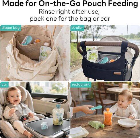Baby Food Pouch Spoon Attachments, 5 Pack Silicone Toppers with Case | 5 silicone pouch spoon toppers with clear travel cases, 10mm standard-spout fit, for diaper bags, strollers, daycare, travel in Kuwait