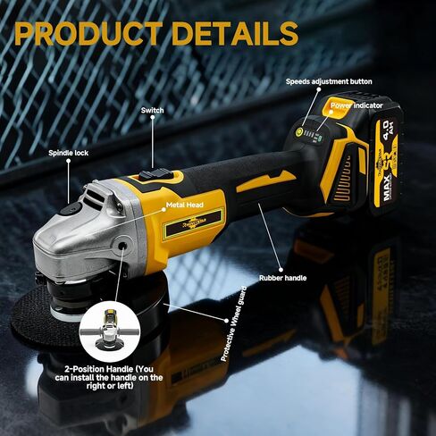 Cordless Angle Grinder 3/8"-16-21V Brushless Motor Battery Grinder Kit, Power Cut Off Tool with 2x4.0Ah Battery & Charger, Grinding Accessories for Metal Cutting, Grinding, Polishing in Kuwait