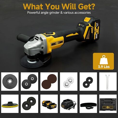 Cordless Angle Grinder 3/8"-16-21V Brushless Motor Battery Grinder Kit, Power Cut Off Tool with 2x4.0Ah Battery & Charger, Grinding Accessories for Metal Cutting, Grinding, Polishing in Kuwait