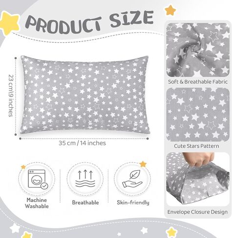 Peryiter 6 Pack Toddler Pillowcases for Daycare, 9x14 Inch Soft Microfiber Kids Pillow Covers with Stars Mini Envelope Closure Pillowcases for Girl Boy Toddler Bed Travel Nap Sleeping Pillow(Gray) in Kuwait