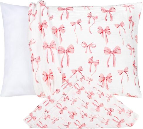 Muslin Toddler Pillowcase 2 Pack for Girls, Kid Small Pillow Cases with Envelope Closure, Toddler Pillow Cover for 13"x18" 14"x20" Soft and Breathable Travel Pillowcase, Pink Bow in Kuwait