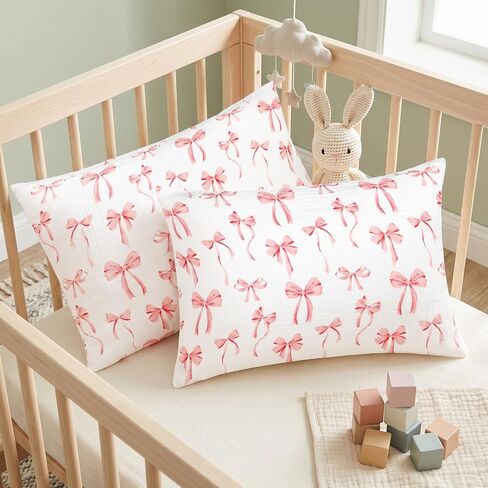 Muslin Toddler Pillowcase 2 Pack for Girls, Kid Small Pillow Cases with Envelope Closure, Toddler Pillow Cover for 13"x18" 14"x20" Soft and Breathable Travel Pillowcase, Pink Bow in Kuwait