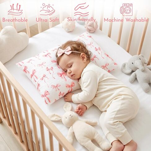 Muslin Toddler Pillowcase 2 Pack for Girls, Kid Small Pillow Cases with Envelope Closure, Toddler Pillow Cover for 13"x18" 14"x20" Soft and Breathable Travel Pillowcase, Pink Bow in Kuwait