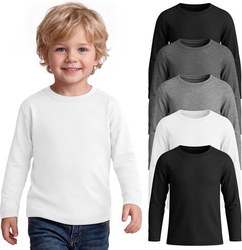 Yooo's Vivi 5 Pack Toddler Boys Shirts Long Sleeve Crew Neck Tops Solid Basics for School Uniform Casual Loose Tees in Kuwait