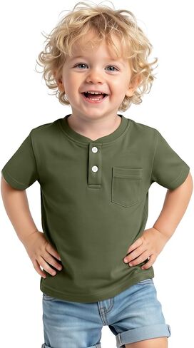 Yooo's Vivi Toddler Boys Cotton Henley Short Sleeve T Shirts Baby Boy Pocket Button Casual Summer Basic Tops 18M-5T in Kuwait