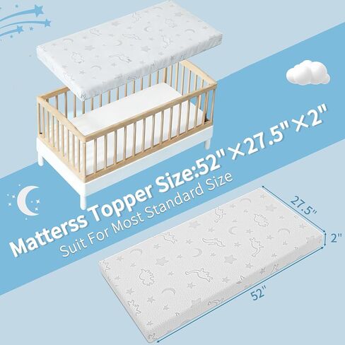2" x 27.5" x 52" Crib Mattress Topper, High Density Foam Toddler Mattress Topper with Waterproof Cover Fits Standard Size Cribs in Kuwait
