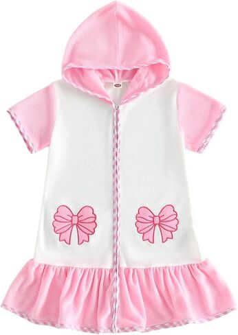 Toddler Girl Summer Beach Cover Up Hooded Short Sleeve Zipper Bow Embroidery Terry Cloth Swim Cover Up for Pool in Kuwait