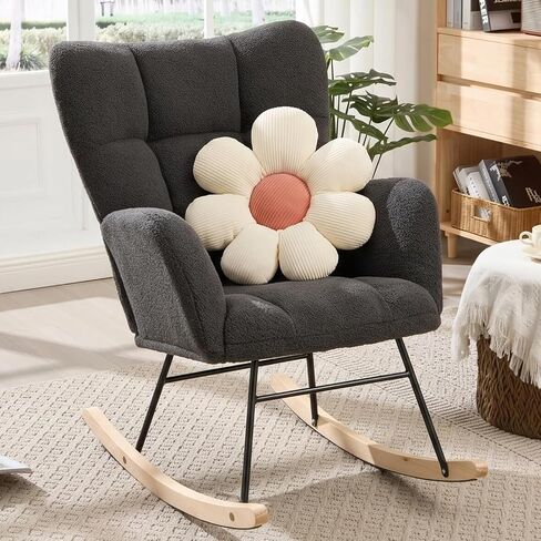 Rocking Chair Nursery, Teddy Upholstered Rocker Glider Chair with High Back, Rocker Recliner with Armrest, Gliding Chair with Thick Cushion, Accent Reading Chair for Bedroom (Ivory) in Kuwait