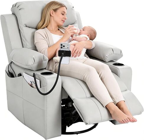 Electric Nursery Recliner Chair, Triple Motor Power Glider, 270° Swivel Rocking Chair with Adjustable Armrests, 8-Point Massage & Lumbar Heating, Phone Holder & Storage, Upholstered Nursing Chair in Kuwait