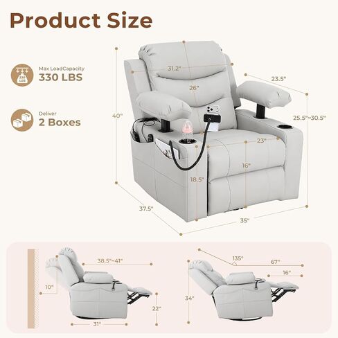 Electric Nursery Recliner Chair, Triple Motor Power Glider, 270° Swivel Rocking Chair with Adjustable Armrests, 8-Point Massage & Lumbar Heating, Phone Holder & Storage, Upholstered Nursing Chair in Kuwait
