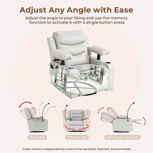 Electric Nursery Recliner Chair, Triple Motor Power Glider, 270° Swivel Rocking Chair with Adjustable Armrests, 8-Point Massage & Lumbar Heating, Phone Holder & Storage, Upholstered Nursing Chair in Kuwait