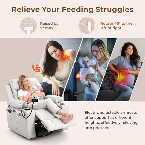Electric Nursery Recliner Chair, Triple Motor Power Glider, 270° Swivel Rocking Chair with Adjustable Armrests, 8-Point Massage & Lumbar Heating, Phone Holder & Storage, Upholstered Nursing Chair in Kuwait