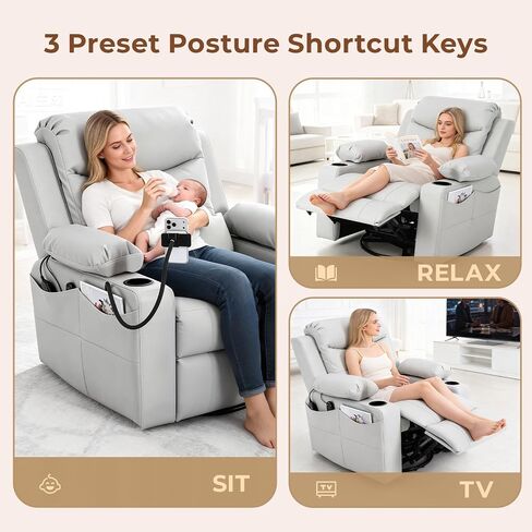 Electric Nursery Recliner Chair, Triple Motor Power Glider, 270° Swivel Rocking Chair with Adjustable Armrests, 8-Point Massage & Lumbar Heating, Phone Holder & Storage, Upholstered Nursing Chair in Kuwait