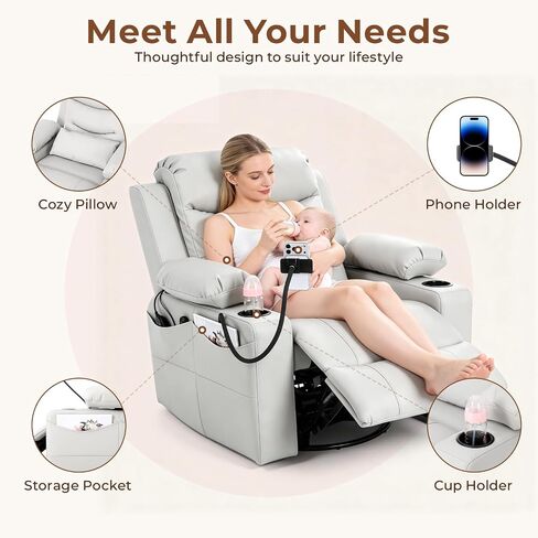 Electric Nursery Recliner Chair, Triple Motor Power Glider, 270° Swivel Rocking Chair with Adjustable Armrests, 8-Point Massage & Lumbar Heating, Phone Holder & Storage, Upholstered Nursing Chair in Kuwait