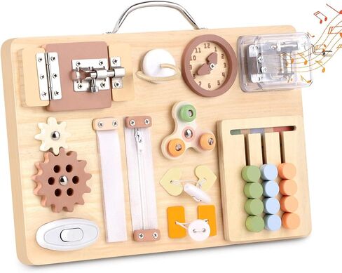 Hoarosall Montessori Busy Board for Toddlers 16-in-1 Wooden Sensory Activity Board with Music Box Fine Motor Skills Learning Toy Preschool Educational Travel Gift for Boys Girls Ages 1-3 in Kuwait