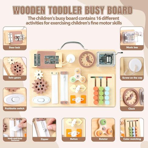 Hoarosall Montessori Busy Board for Toddlers 16-in-1 Wooden Sensory Activity Board with Music Box Fine Motor Skills Learning Toy Preschool Educational Travel Gift for Boys Girls Ages 1-3 in Kuwait