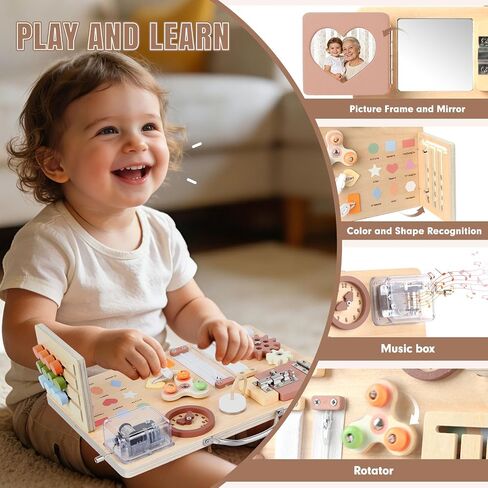 Hoarosall Montessori Busy Board for Toddlers 16-in-1 Wooden Sensory Activity Board with Music Box Fine Motor Skills Learning Toy Preschool Educational Travel Gift for Boys Girls Ages 1-3 in Kuwait