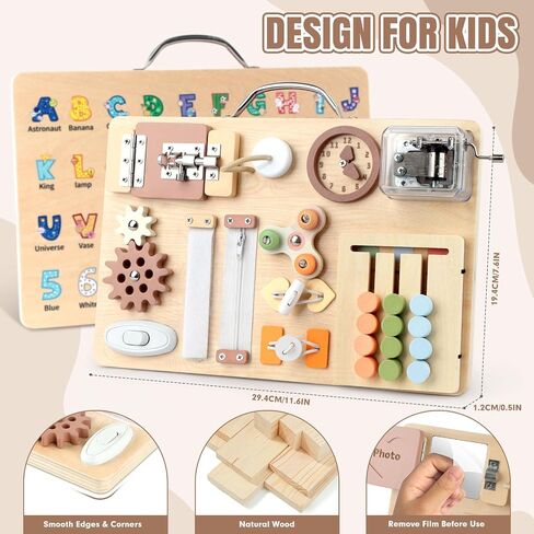 Hoarosall Montessori Busy Board for Toddlers 16-in-1 Wooden Sensory Activity Board with Music Box Fine Motor Skills Learning Toy Preschool Educational Travel Gift for Boys Girls Ages 1-3 in Kuwait
