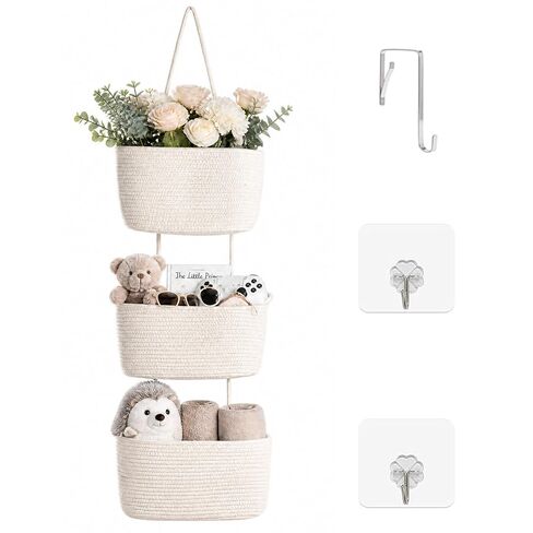 ICERZCZ Hanging Baskets for Organizing, Over the Door Decorative Storage Organizer, Nursery Decor Organization, 3-Tier Wall Basket for Entryway Playroom Bathroom Closet, Khaki & Off White in Kuwait