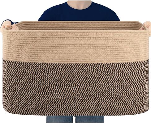 75L Large Cotton Rope Basket, Soft Toy Storage Bin for Nursery & Living Room, Decorative Blanket Basket for Bedroom, Baby-Safe Organizer for Pillows &Laundry, 22''×17''×12'', Brown and White in Kuwait