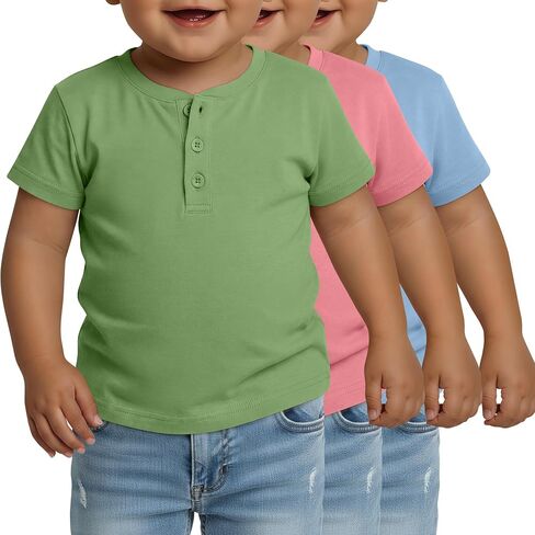 3 Pack Baby Boys' Henley Short Sleeve Shirts | Summer, Casual, Back to School, Tops, with 3 Button, Crew Neck, Loose, Basic, Athletic, Lounge, Tees, for Toddlers 18M-5T in Kuwait
