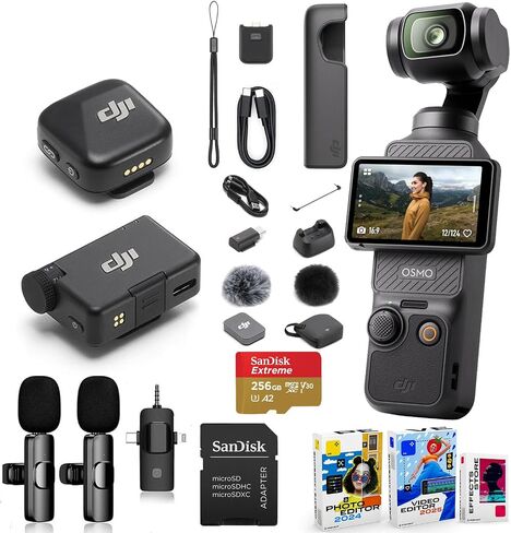 DJI Osmo Pocket 3 Vlog Combo, Vlogging Camera with 1'' CMOS & 4K/120fps for YouTube, Mic Mini Compact Wireless Microphone System Bundle + 256GB Memory, Software, 2X Wireless Mic System in Kuwait