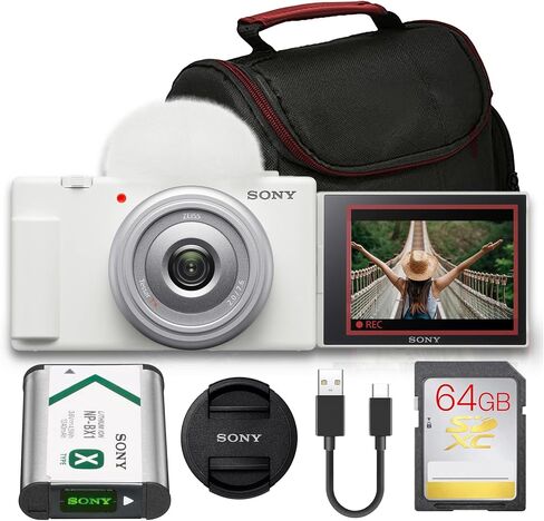 Sony ZV-1F Vlogging Camera Bundle (White) | 20.1MP 1" Sensor, 4K Video, 20mm Wide Lens, Flip Screen & Directional Mic | Ideal for Vlogging & Content Creation (ZV1F/W) + 64GB Card + Camera Bag in Kuwait