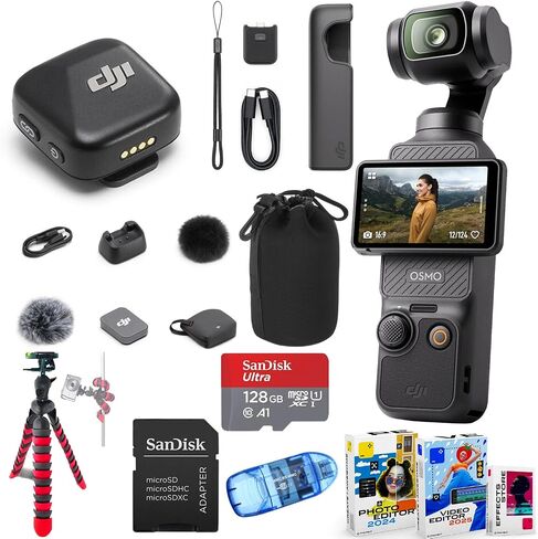 DJI Osmo Pocket 3 Vlog Combo, Vlogging Camera with 1'' CMOS & 4K/120fps for YouTube, Mic Mini Transmitter (Infinity Black) Bundle + 128GB Memory, Software, Spider Tripod, Pouch in Kuwait