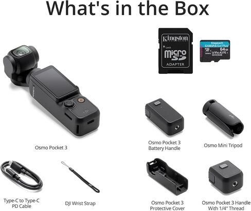 DJI Osmo Pocket 3 Capture More Combo with 4K/120fps Video and 3-Axis Stabilization Vlogging Camera + 64GB Memory Card + Wireless Lavalier Microphone + More (Creator Bundle) in Kuwait