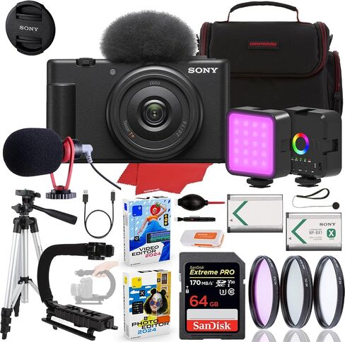 Sony ZV-1F Vlogging Camera (Black) Bundle + Accessory Kit Including 64GB Extreme Memory, Microphone, LED Light, U-Stabilization Grip, Case, Filter Kit, Software Package & More (25 Items) in Kuwait