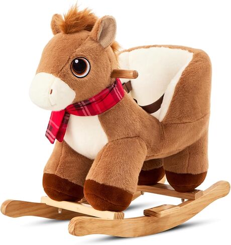 FUNLIO Pony Rocking Horse for Toddlers 6 Months to 3 Years, Cute Baby Rocking Horse with Safety Belt, Stuffed Plush Ride on Horse, Easy to Assemble Baby Rocker, Nursery, CPC & CE Certified - Brown in Kuwait