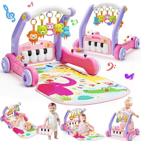 Baby Gym Play Mat with Walker, 2 IN 1 Kick and Play Piano Activity Center with Light & Music, Tummy Time Mat & Baby Push Toys for 0-6 12-18 Months, Sit-to-Stand Learning Walker for Infant Toddler Gift in Kuwait