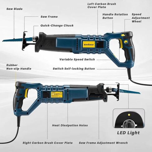 Enventor 7A/850W Electric Reciprocating Saw Corded for Wood, Metal Cutting | 6 Saw Blades, 1-1/10" Variable Speed Adjustment, 0-45° Degree Adjustment, 6-level Speed Adjustment, 0-2,800 SPM in Kuwait