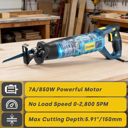 Enventor 7A/850W Electric Reciprocating Saw Corded for Wood, Metal Cutting | 6 Saw Blades, 1-1/10" Variable Speed Adjustment, 0-45° Degree Adjustment, 6-level Speed Adjustment, 0-2,800 SPM in Kuwait