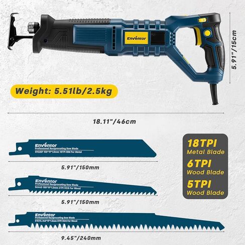 Enventor 7A/850W Electric Reciprocating Saw Corded for Wood, Metal Cutting | 6 Saw Blades, 1-1/10" Variable Speed Adjustment, 0-45° Degree Adjustment, 6-level Speed Adjustment, 0-2,800 SPM in Kuwait
