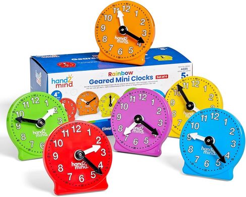 hand2mind Rainbow Geared Mini Learning Clock Set of 6, Analog Teaching Clocks for Kids, Movable Hands, Telling Time Math Manipulatives, Classroom School Homeschool Teaching Toy, Color Coded Gears in Kuwait