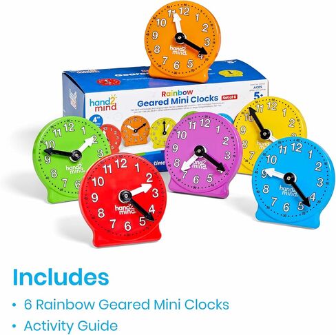 hand2mind Rainbow Geared Mini Learning Clock Set of 6, Analog Teaching Clocks for Kids, Movable Hands, Telling Time Math Manipulatives, Classroom School Homeschool Teaching Toy, Color Coded Gears in Kuwait