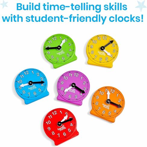 hand2mind Rainbow Geared Mini Learning Clock Set of 6, Analog Teaching Clocks for Kids, Movable Hands, Telling Time Math Manipulatives, Classroom School Homeschool Teaching Toy, Color Coded Gears in Kuwait