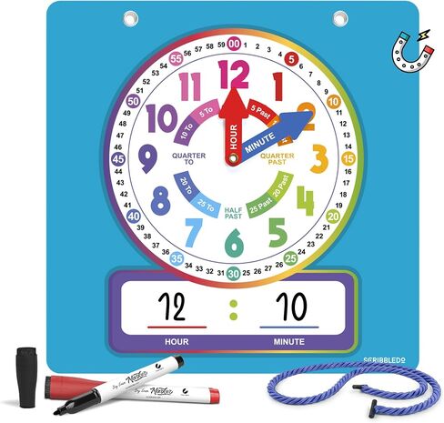 Scribbledo Dry Erase Teaching Clock Magnetic Learning Clock Board, 13×13 Inches, Includes 2 Markers and Hanging String, Build Time-Telling Skills at School or Home in Kuwait