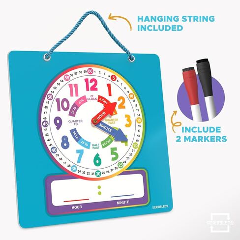 Scribbledo Dry Erase Teaching Clock Magnetic Learning Clock Board, 13×13 Inches, Includes 2 Markers and Hanging String, Build Time-Telling Skills at School or Home in Kuwait