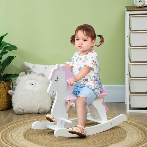 Qaba Wooden Rocking Horse, Baby Rocking Chair, for Toddlers 1-3, Kids Ride on Horse for Boys and Girls, Pink and White in Kuwait