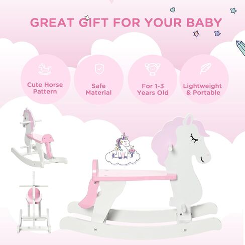 Qaba Wooden Rocking Horse, Baby Rocking Chair, for Toddlers 1-3, Kids Ride on Horse for Boys and Girls, Pink and White in Kuwait