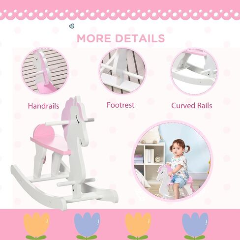 Qaba Wooden Rocking Horse, Baby Rocking Chair, for Toddlers 1-3, Kids Ride on Horse for Boys and Girls, Pink and White in Kuwait
