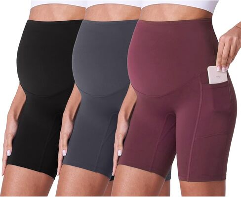 POSHDIVAH 3/4 Pack Maternity Biker Shorts Over The Belly with Pockets 5"/8" | High Rise,No Front Seam,Buttery Soft,Summer,Stretchy,Workout,Yoga,Athletic,Active Wear,Gym,Pregnancy and Postpartum in Saudi Arabia