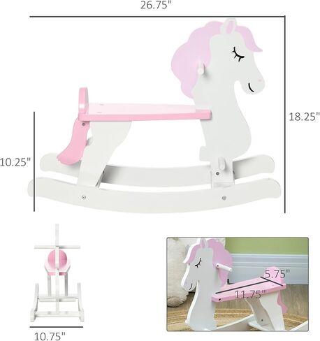 Qaba Wooden Rocking Horse, Baby Rocking Chair, for Toddlers 1-3, Kids Ride on Horse for Boys and Girls, Pink and White in Kuwait