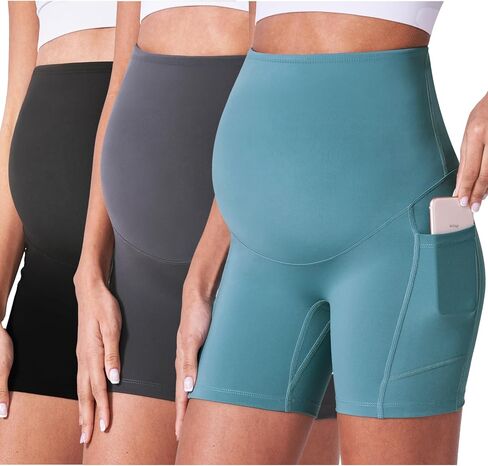 POSHDIVAH 3/4 Pack Maternity Biker Shorts Over The Belly with Pockets 5"/8" | High Rise,No Front Seam,Buttery Soft,Summer,Stretchy,Workout,Yoga,Athletic,Active Wear,Gym,Pregnancy and Postpartum in Saudi Arabia