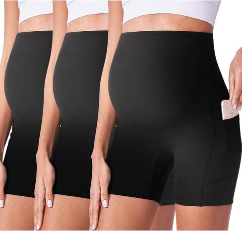 POSHDIVAH 3/4 Pack Maternity Biker Shorts Over The Belly with Pockets 5"/8" | High Rise,No Front Seam,Buttery Soft,Summer,Stretchy,Workout,Yoga,Athletic,Active Wear,Gym,Pregnancy and Postpartum in Saudi Arabia
