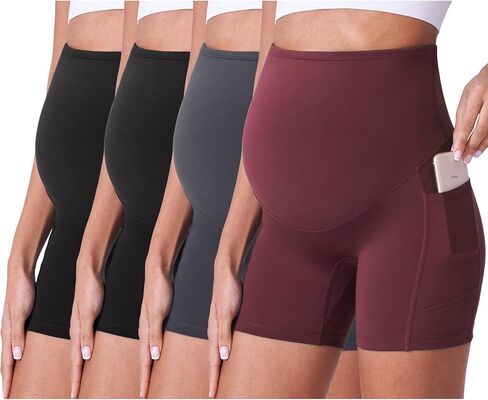 POSHDIVAH 3/4 Pack Maternity Biker Shorts Over The Belly with Pockets 5"/8" | High Rise,No Front Seam,Buttery Soft,Summer,Stretchy,Workout,Yoga,Athletic,Active Wear,Gym,Pregnancy and Postpartum in Saudi Arabia