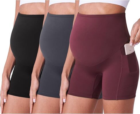 POSHDIVAH 3/4 Pack Maternity Biker Shorts Over The Belly with Pockets 5"/8" | High Rise,No Front Seam,Buttery Soft,Summer,Stretchy,Workout,Yoga,Athletic,Active Wear,Gym,Pregnancy and Postpartum in Saudi Arabia